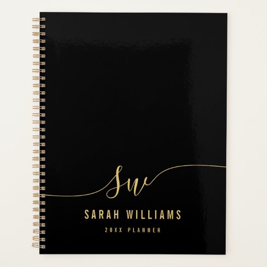 Elegant Zwart Goud Script Initiaal Monogram Planner (Voorkant)