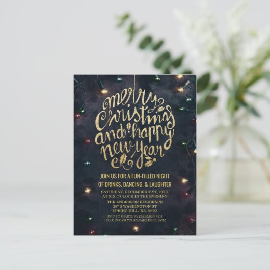 Elegant Zwart Goud Script Kerstmis Nieuwjaar Party Briefkaart (Staand voorkant)