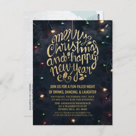 Elegant Zwart Goud Script Kerstmis Nieuwjaar Party Briefkaart (Voorkant / Achterkant)