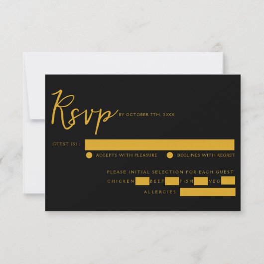 Elegant Zwart & Goud Script Maaltijd Keuze Bruilof RSVP Kaartje (Voorkant)