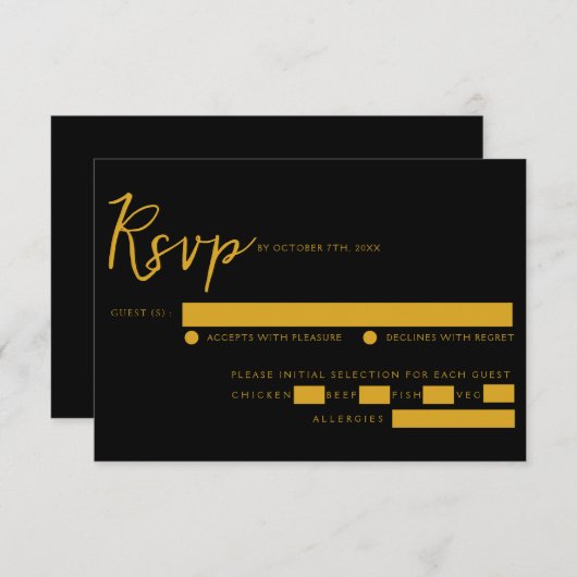 Elegant Zwart & Goud Script Maaltijd Keuze Bruilof RSVP Kaartje (Voorkant / Achterkant)