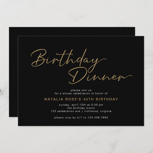 Elegant Zwart & Goud Script Modern Verjaardagsdine Kaart (Voorkant / Achterkant)