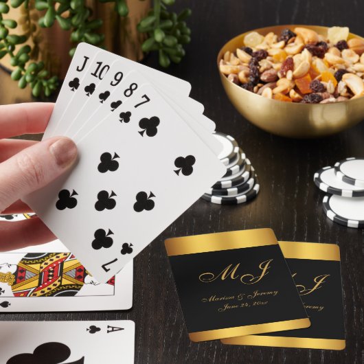 Elegant Zwart Goud Script Monogram Bruiloft Pokerkaarten (Insitu)