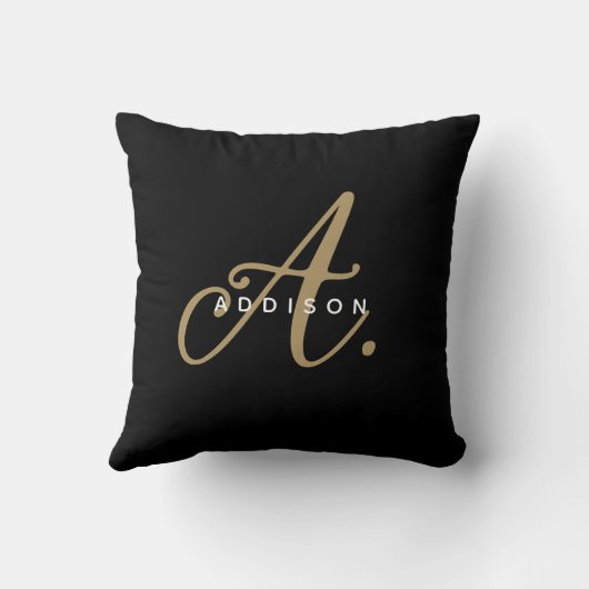 Elegant zwart goud script monogram kussen (Achterkant)