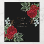 Elegant Zwart & Goud Script Rood Bloemen Bruiloft Wijn Etiket (Enkel label)