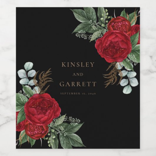 Elegant Zwart & Goud Script Rood Bloemen Bruiloft Wijn Etiket (Enkel label)