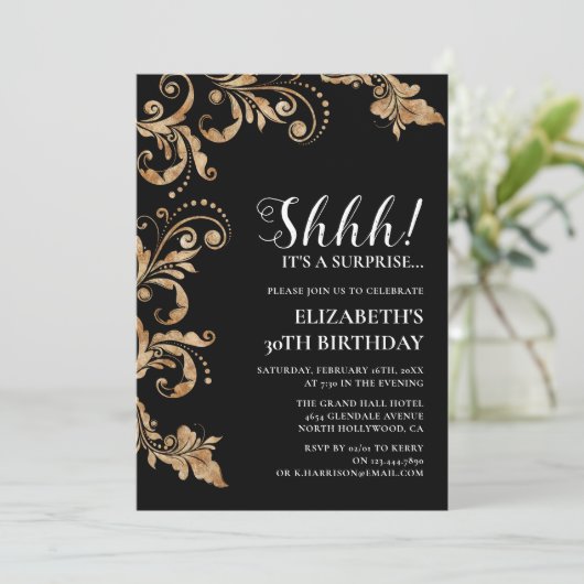 Elegant Zwart & Goud Shhh Verjaardagsfeestje Kaart (Staand voorkant)