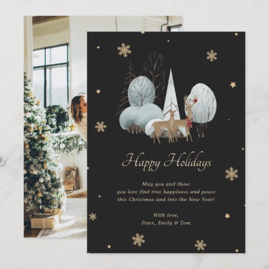 Elegant zwart goud sneeuwvlok rendier feestdagenkaart (Voorkant / Achterkant)