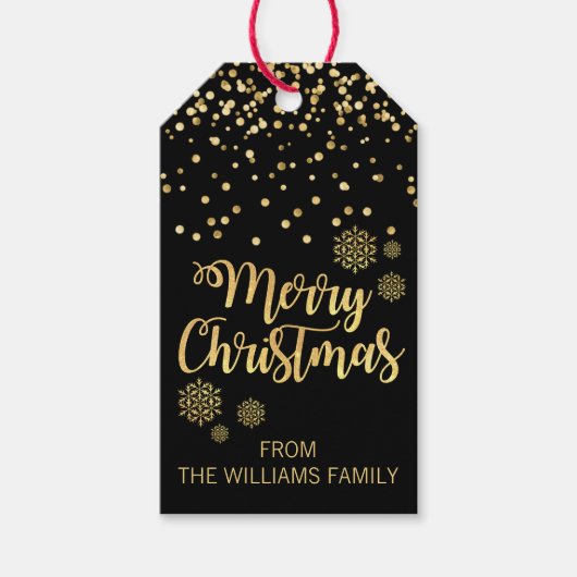Elegant Zwart Goud Sneeuwvlokken Vrolijk Kerstfees Cadeaulabel (Voorkant)