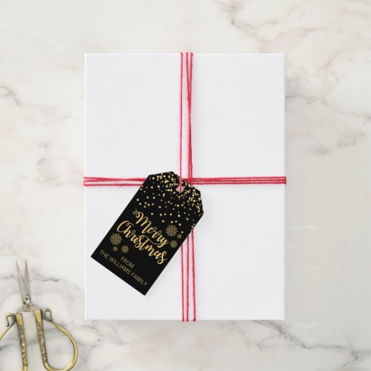 Elegant Zwart Goud Sneeuwvlokken Vrolijk Kerstfees Cadeaulabel (Met Touw)