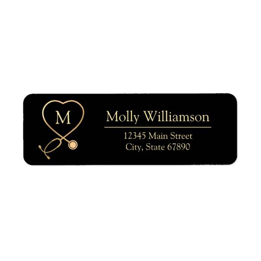 Elegant Zwart Goud Stethoscoop Monogram Adres Etiket (Voorkant)