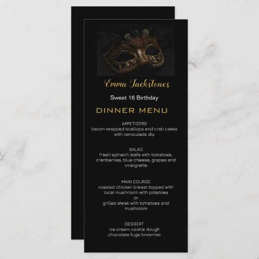Elegant Zwart Goud Sweet 16 Masquerade Masker Menu (Voorkant / Achterkant)