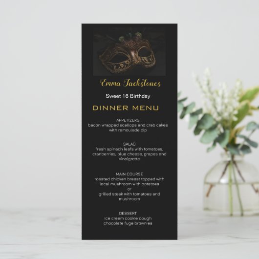 Elegant Zwart Goud Sweet 16 Masquerade Masker Menu (Staand voorkant)