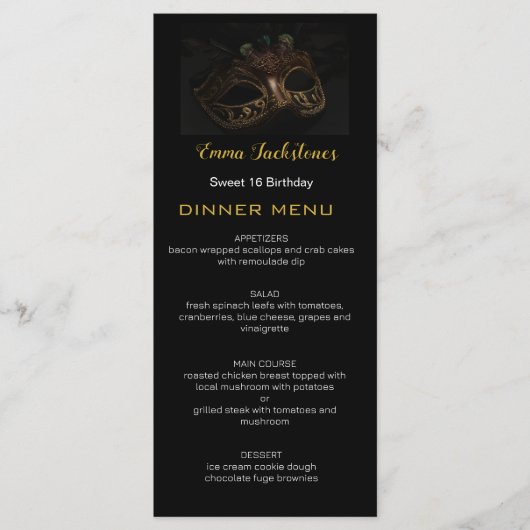 Elegant Zwart Goud Sweet 16 Masquerade Masker Menu (Voorkant)