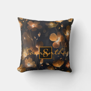 Elegant zwart goud terra cotta floral monogram kussen