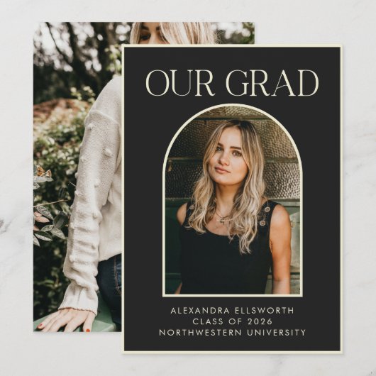 Elegant zwart goud trendy boog foto Afstuderen Aankondiging (Voorkant / Achterkant)