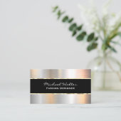 Elegant zwart goud trim zilver metallic visitekaartje (Staand voorkant)