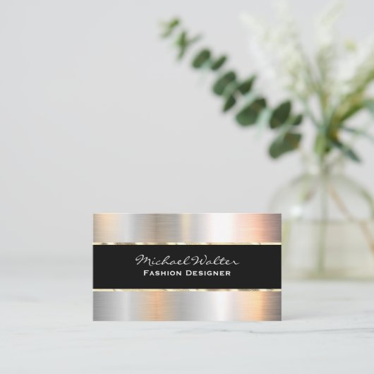 Elegant zwart goud trim zilver metallic visitekaartje (Staand voorkant)