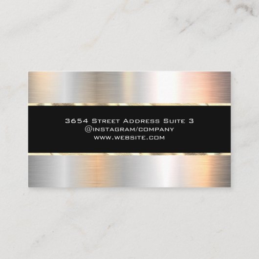 Elegant zwart goud trim zilver metallic visitekaartje (Achterkant)