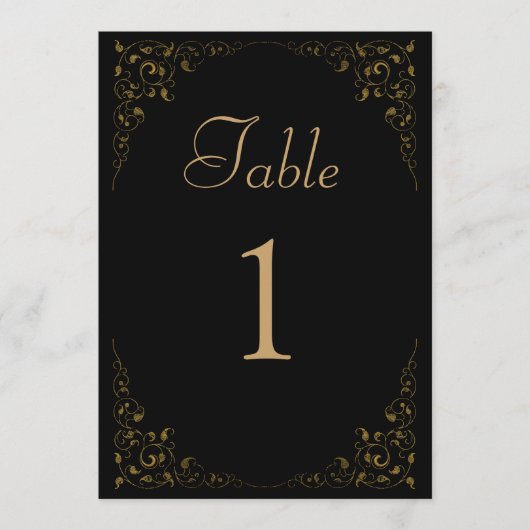 Elegant Zwart Goud Trouwtafel Nummer Kaart (Voorkant)
