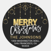 Elegant Zwart Goud Twinkle Sterren Kerstmis Adres Ronde Sticker (Voorkant)