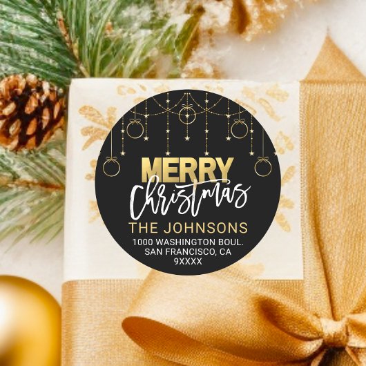 Elegant Zwart Goud Twinkle Sterren Kerstmis Adres Ronde Sticker