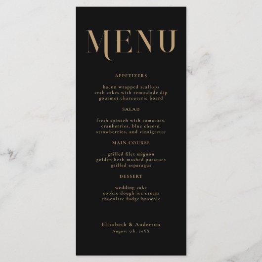 Elegant zwart goud typografie bruiloft diner menu (Voorkant)