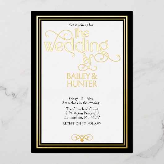 Elegant Zwart Goud  Typografie Bruiloft Folie Uitnodiging (Voorkant)