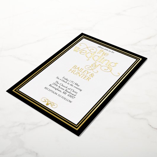 Elegant Zwart Goud Typografie Bruiloft Folie Uitnodiging (Gedraaid)