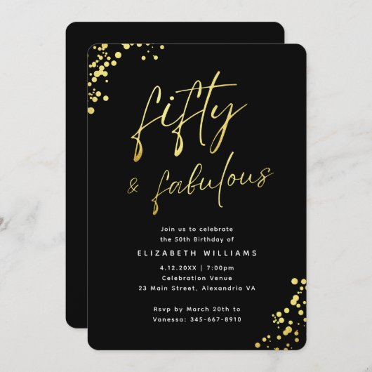 Elegant Zwart Goud Vijftig en Fabulous Verjaardag Kaart (Voorkant / Achterkant)