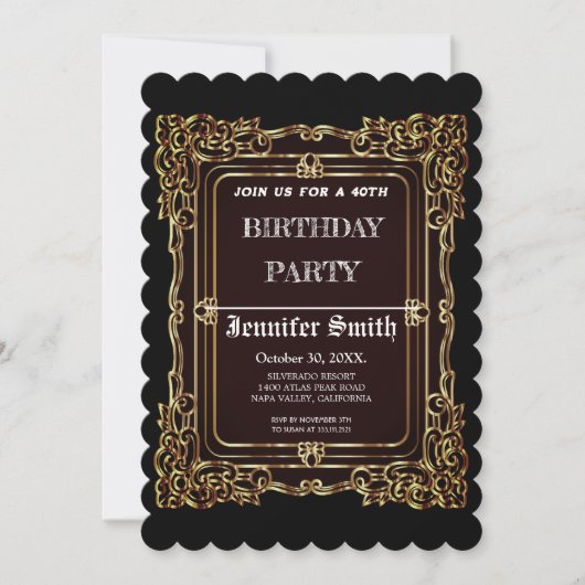 Elegant zwart goud vintage 40e verjaardag uitnodig kaart (Voorkant)