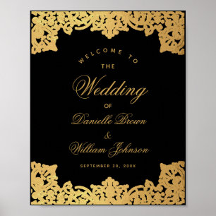 Elegant zwart & goud vintage trouwontvangstbord poster