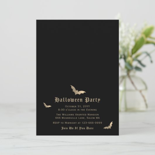Elegant Zwart Goud Vleermuis Halloween Party Uitno Kaart (Staand voorkant)