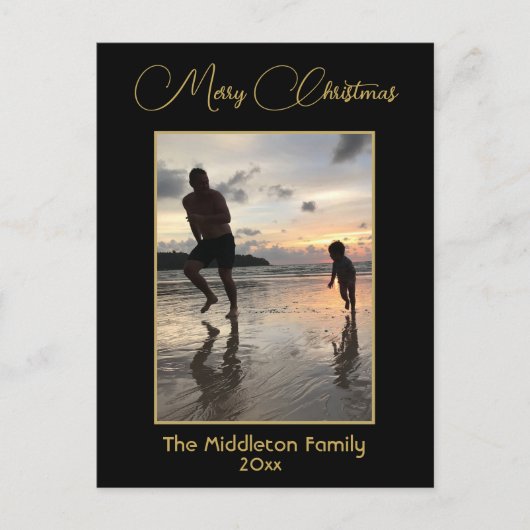 Elegant Zwart & Goud Vrolijk Kerstfeest Familiefot Feestdagenkaart (Voorkant)