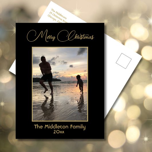 Elegant Zwart & Goud Vrolijk Kerstfeest Familiefot Feestdagenkaart