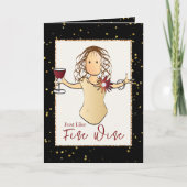 Elegant Zwart Goud Vrouw Cartoon Wijnverjaardag Kaart (Voorkant)