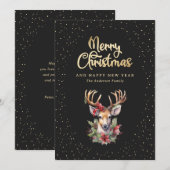 Elegant Zwart Goud Waterverf Hertensneeuw Feestdagenkaart (Voorkant / Achterkant)