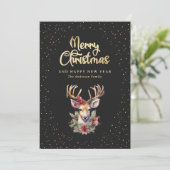 Elegant Zwart Goud Waterverf Hertensneeuw Feestdagenkaart (Staand voorkant)