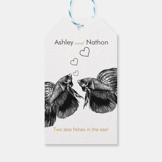 Elegant Zwart Goud Waterverf Vis Bruiloft Cadeaulabel (Achterkant)