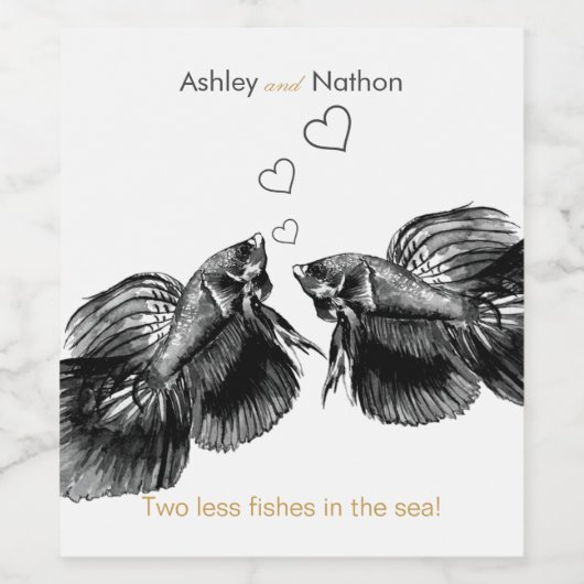 Elegant Zwart Goud Waterverf Vis Bruiloft Wijn Etiket (Enkel label)