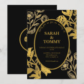 Elegant Zwart & Goud Wildflower Moderne bruiloft Kaart (Voorkant / Achterkant)