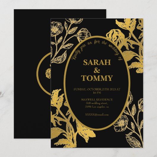 Elegant Zwart & Goud Wildflower Moderne bruiloft Kaart (Voorkant / Achterkant)