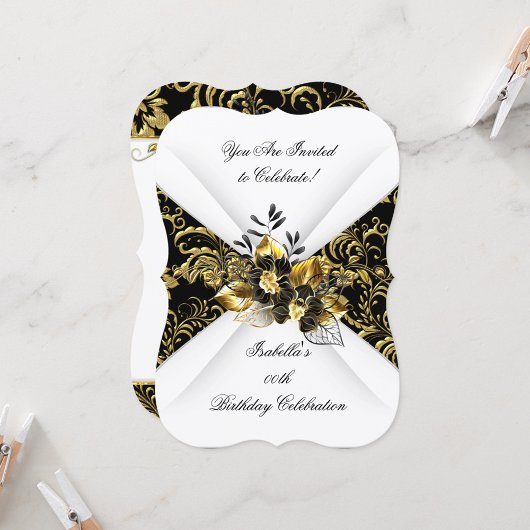 Elegant Zwart Goud Wit Bloemen Verjaardagsfeest Kaart