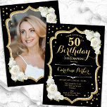 Elegant Zwart Goud Wit Foto 50e Verjaardag Kaart<br><div class="desc">Elegante bloemenuitnodiging voor de 50e verjaardag met uw foto aan de achterkant van de kaart. Glam zwart-wit ontwerp met faux glitter goud. Beschikt over witte rozen, script lettertype en confetti. Perfect voor een stijlvol volwassen feestje. Personaliseer met je eigen gegevens. Kan voor om het even welke leeftijd worden aangepast! Gedrukte...</div>