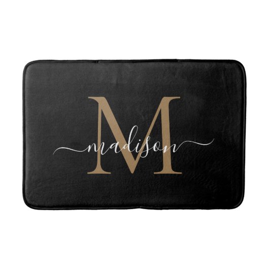 Elegant zwart goud wit monogram girly script badmat (Voorkant)