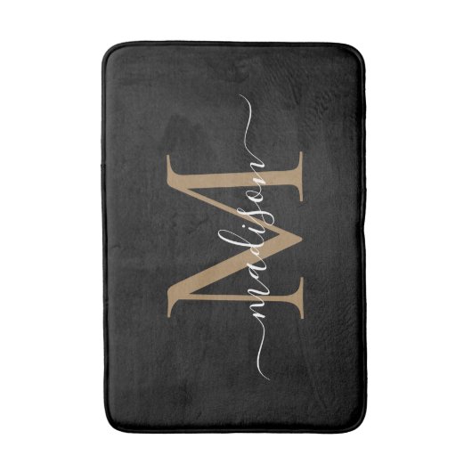 Elegant zwart goud wit monogram girly script badmat (Voorkant Verticaal)