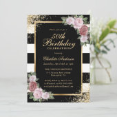 Elegant Zwart Goud Zwart Roze Bloemen 50e Verjaard Kaart (Staand voorkant)