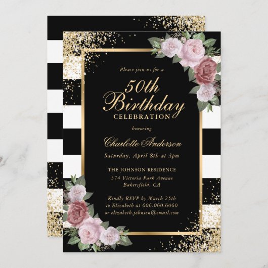 Elegant Zwart Goud Zwart Roze Bloemen 50e Verjaard Kaart (Voorkant / Achterkant)