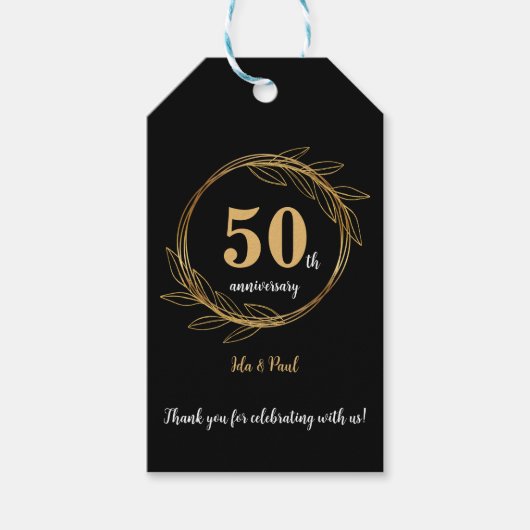 Elegant Zwart Goudblad 50e Bruiloft Jubileum Cadeaulabel (Voorkant)