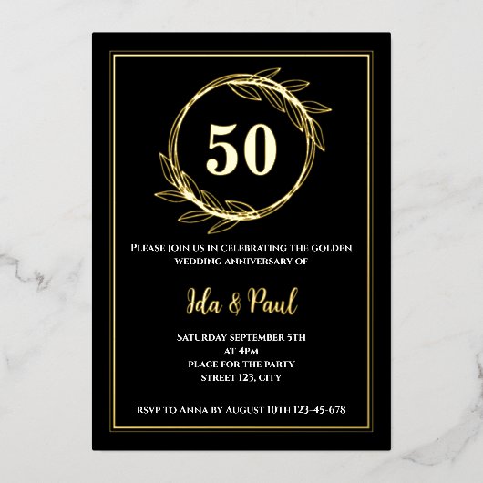 Elegant Zwart Goudblad 50e Bruiloft Jubileum Folie Uitnodiging (Voorkant)